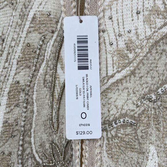 Chico's Short Sleeve Beaded Foil-Print Cardigan Sweater Gold & Ivory/Ecru Small - Picture 8 of 9